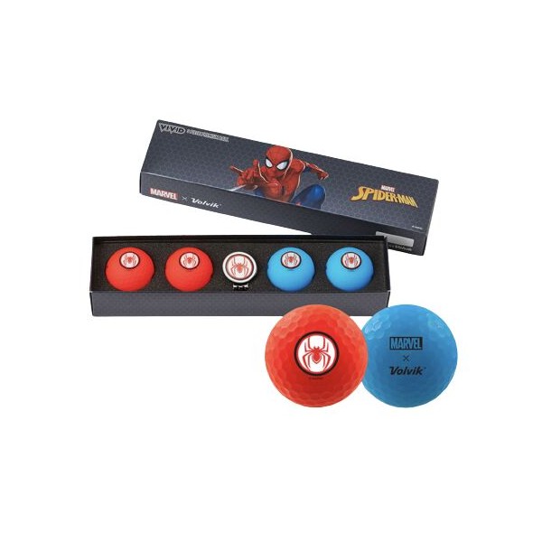 COFFRET SPIDER MAN 4 BALLES ROUGE ET BLEU + MARQUE BALLE