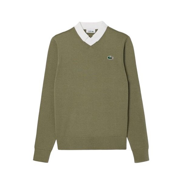 Pull Lacoste Regular Fit en Coton Pima Kaki/Blanc - Élégance et Confort