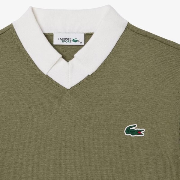 Pull Lacoste Regular Fit en Coton Pima Kaki/Blanc - Élégance et Confort