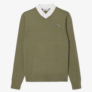 Pull Lacoste Regular Fit en Coton Pima Kaki/Blanc - Élégance et Confort